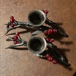 Vintage Metal Candle Holders with Red Berries